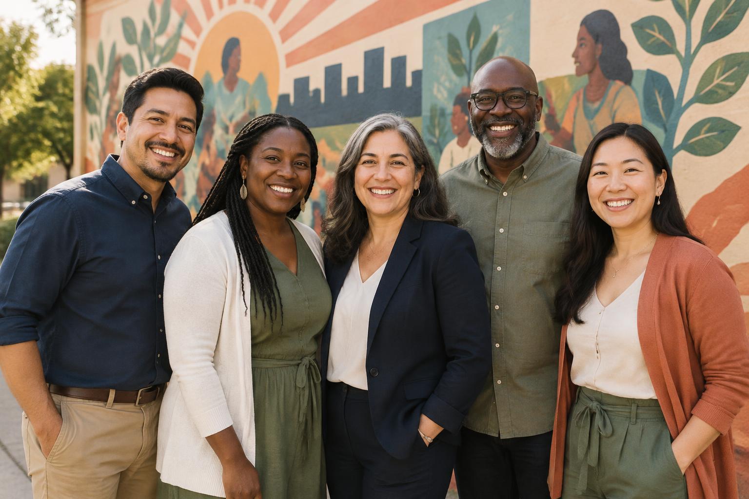 A diverse group of nonprofit leaders standing together in front of a community mural.