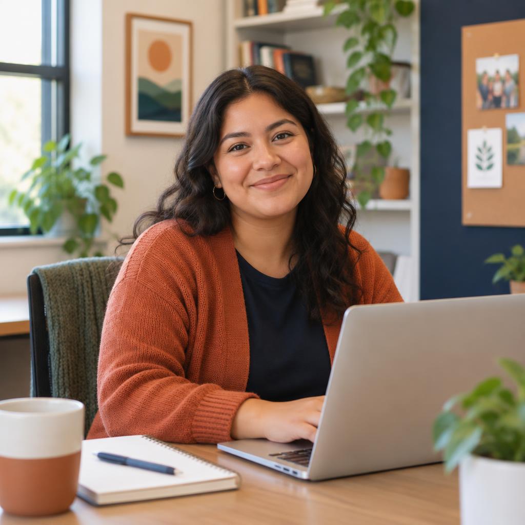 A friendly nonprofit staff member ready to answer questions at a laptop.