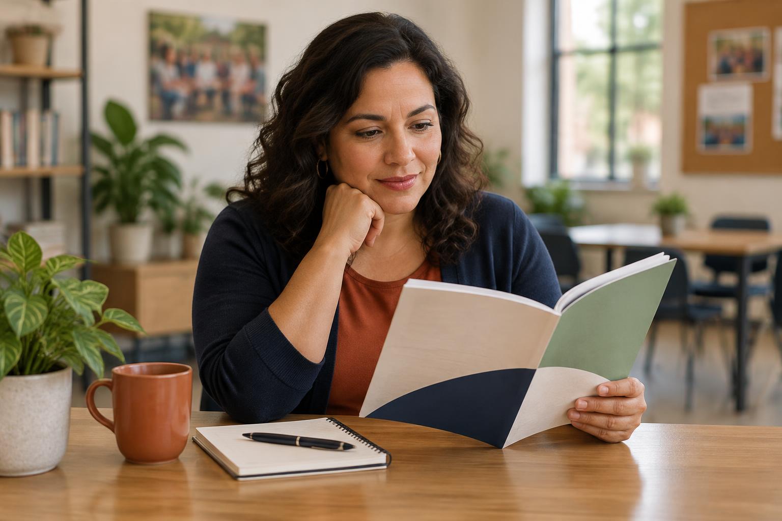 A nonprofit leader reading a strategic planning guide at a community center table.